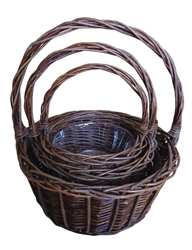 S/3 Dark Willow Round Baskets w/ Handles & Liners