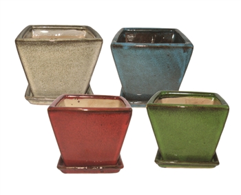 Square Planters w/ Attached Saucers in 4 Asst Colors, 8 Per Case