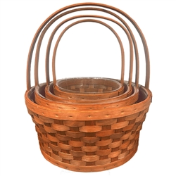 S/4 Decorative Round Brown Woodchip Basket w/ Handles & Liners