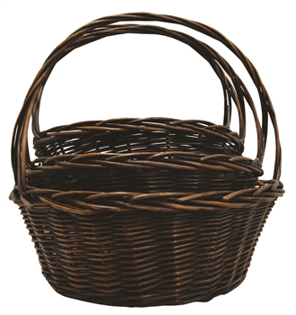 S/3 Large Round Stained Willow Baskets w/ Handles & Liners