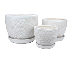 Small Round Fusion Pots w/ Attached Saucer - White - Set of 3