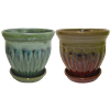 8â€ Round Ceramic Fusion Pots w/ Attached Saucers, 2 Assorted Colors. 4 Per Case