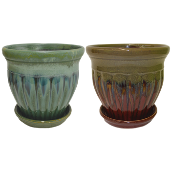 8â€ Round Ceramic Fusion Pots w/ Attached Saucers, 2 Assorted Colors. 4 Per Case