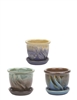 3.75" Round Ceramic Fusion Pots w/ Attached Saucer, 3 Assorted Colors, 12 Per Case