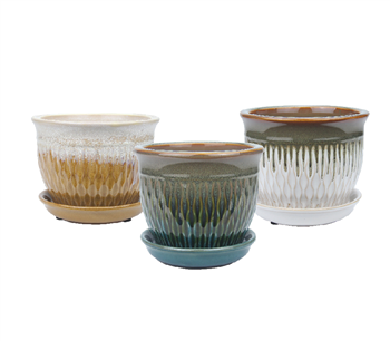 5.9" Round Ceramic Fusion Pots w Attached Saucer, 3 Assorted Colors, 6 Per Case