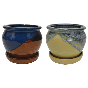 8" Round Ceramic Fusion Pots w/ Attached Saucer (holds a 6.5" pot), 2 Assorted Colors, 4 Per Case