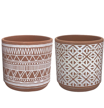7.5" Aztec Terracotta Planter w/Drain Hole and Liner, 2 Assorted, 4/case, holds a 6" pot