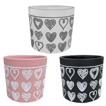 5.6" Heart Scrawl Planter w/Drain Hole and Liner, 3 Assorted, 6/case, holds a 4.5" pot