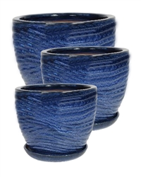 S/3 Round Pots w/ Attached Saucers - Blue