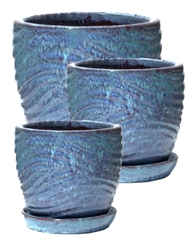 S/3 Round Pots w/ Attached Saucers - Turquoise