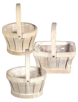 7"-9" Assorted Shaped Slatwood Whitewash Baskets w/ Handles & Liners