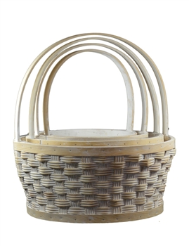 S/4 Whitewash Round Willow Baskets w/ Handles & Liners