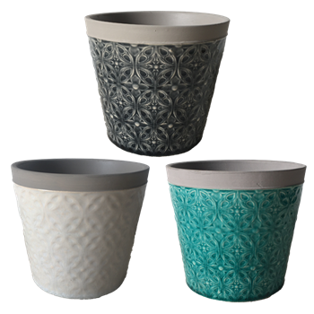 5.6" Tapered Damask Pots w/ Drain Hole and Liner, 3 Assorted, 6/case, holds a 4.5" pot